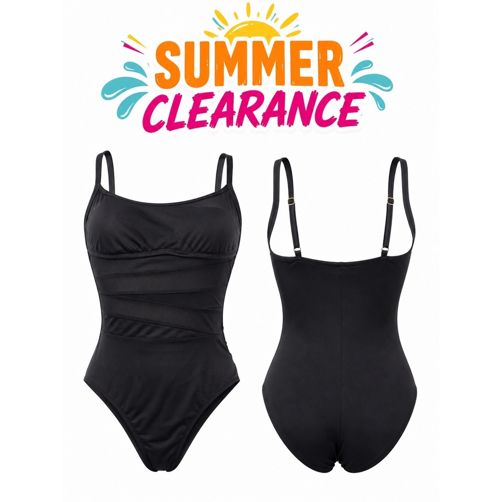 Shade & Shore Womens Black Mesh Tiered One Piece Swimsuit Size 16 NWT